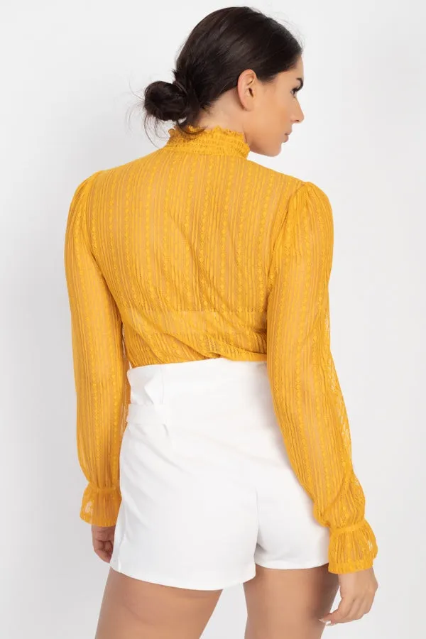 Beautiful Ruffle Trim Bell Cuff Long Sleeves Fashion Lace Top