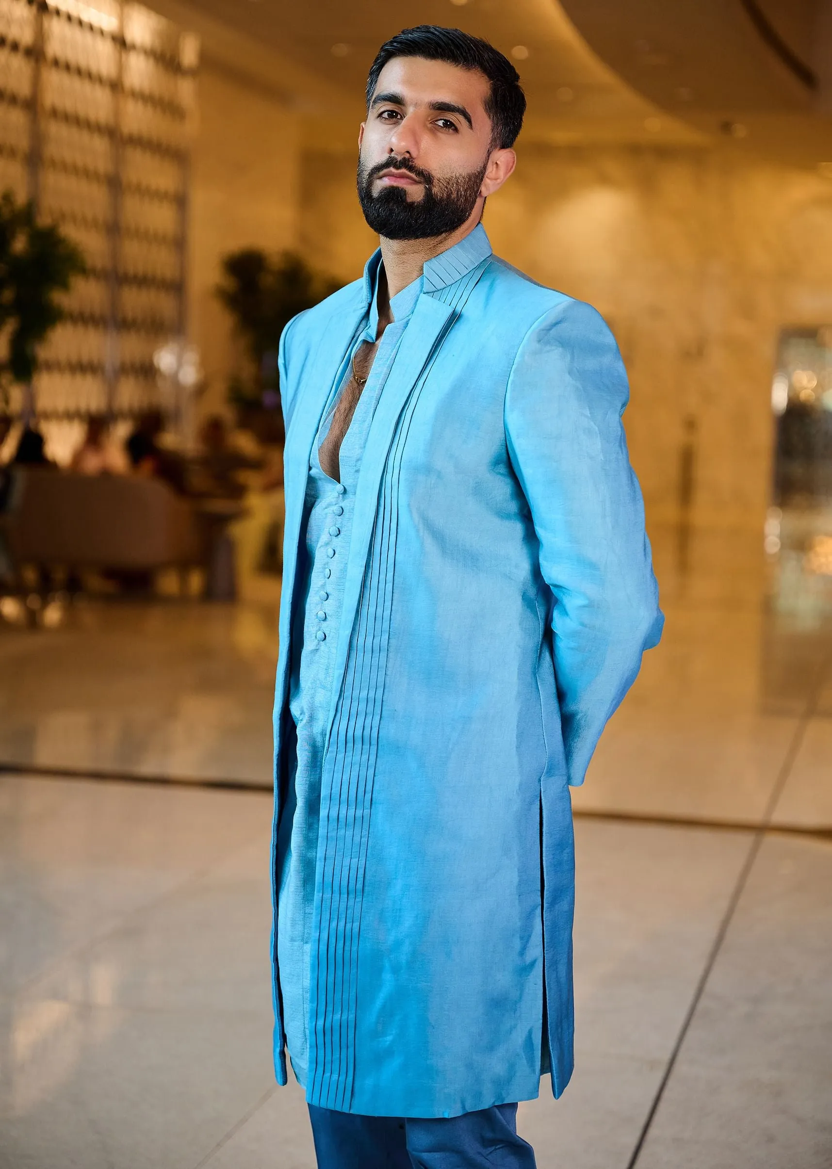 Blue Indowestern Lapel Jacket With Kurta And Pants