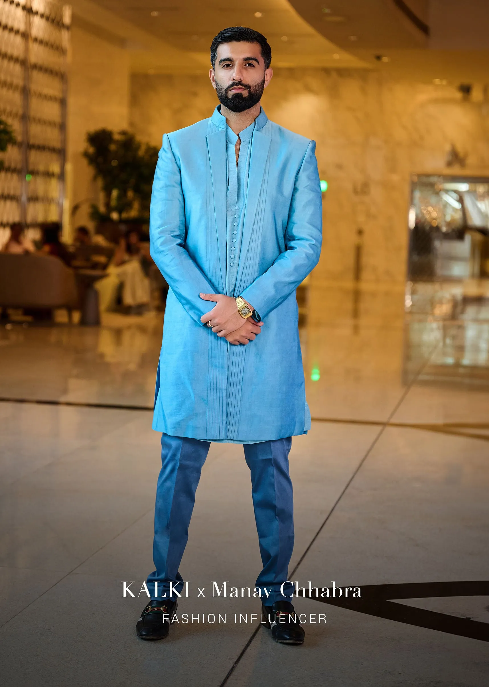 Blue Indowestern Lapel Jacket With Kurta And Pants