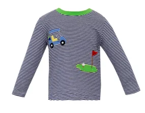 Claire & Charlie Boys Navy Blue Striped Shirt - Golf Applique