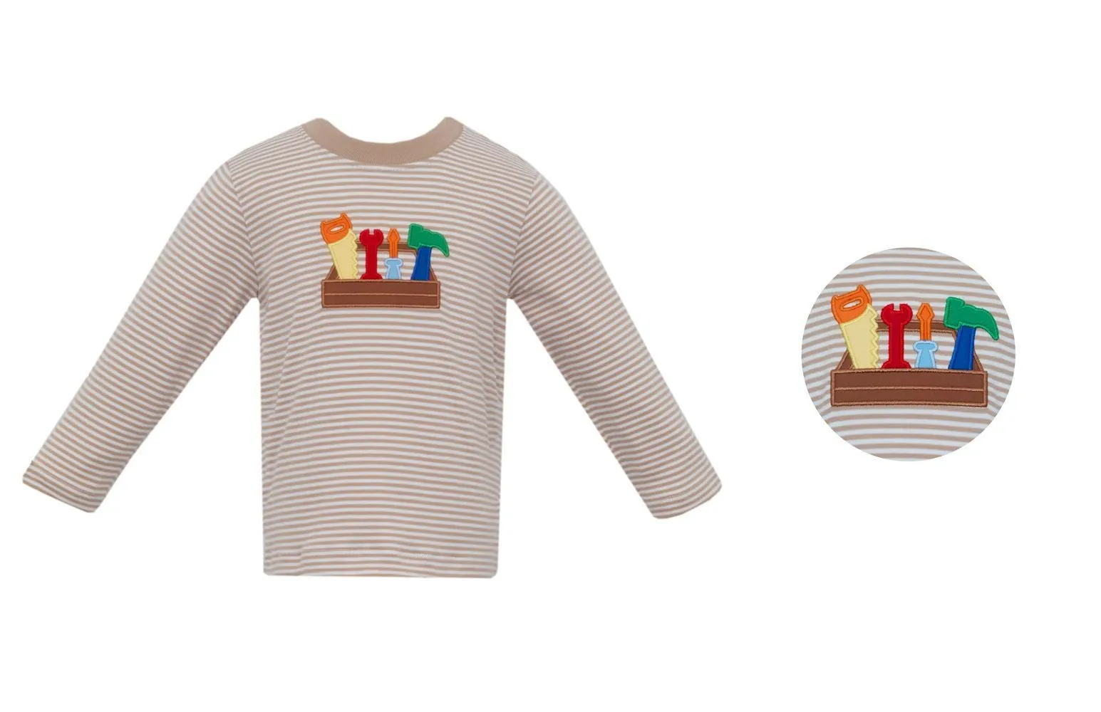 Claire & Charlie Boys Tan Striped Shirt - Applique Tools
