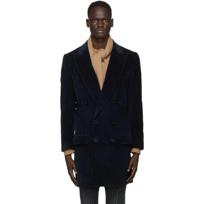 Dolce and Gabbana Navy Corduroy Double-Breasted Coat