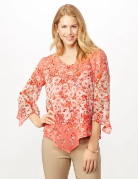 Floral Border V Hem Woven Top