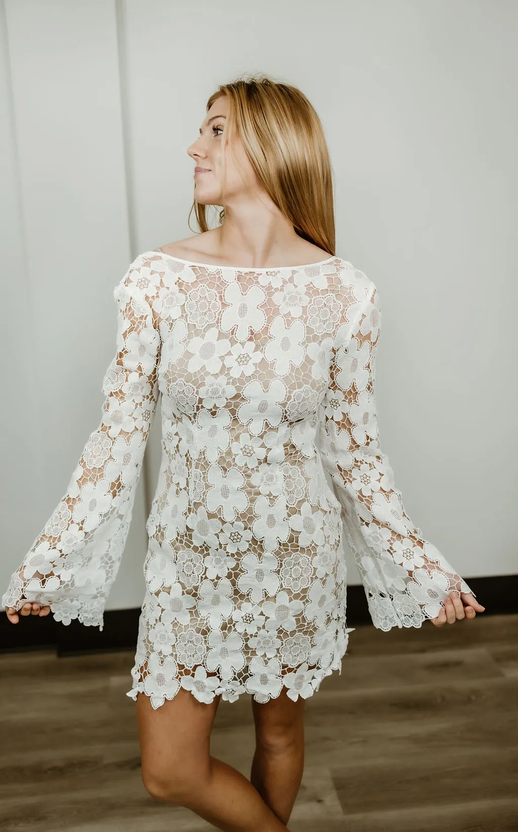 Floral Lace Bell Sleeve Mini Dress