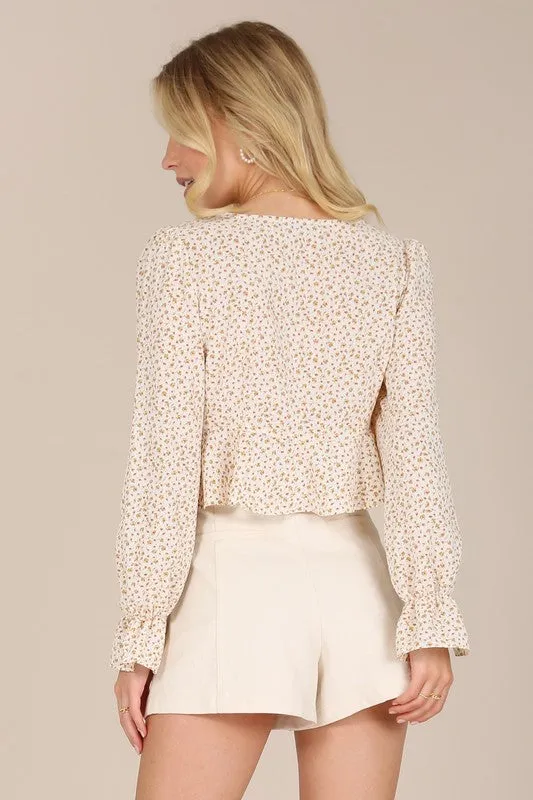 Floral Long Sleeve Tie Front Casual Top Women's Flare Bell Sleeve Shirt