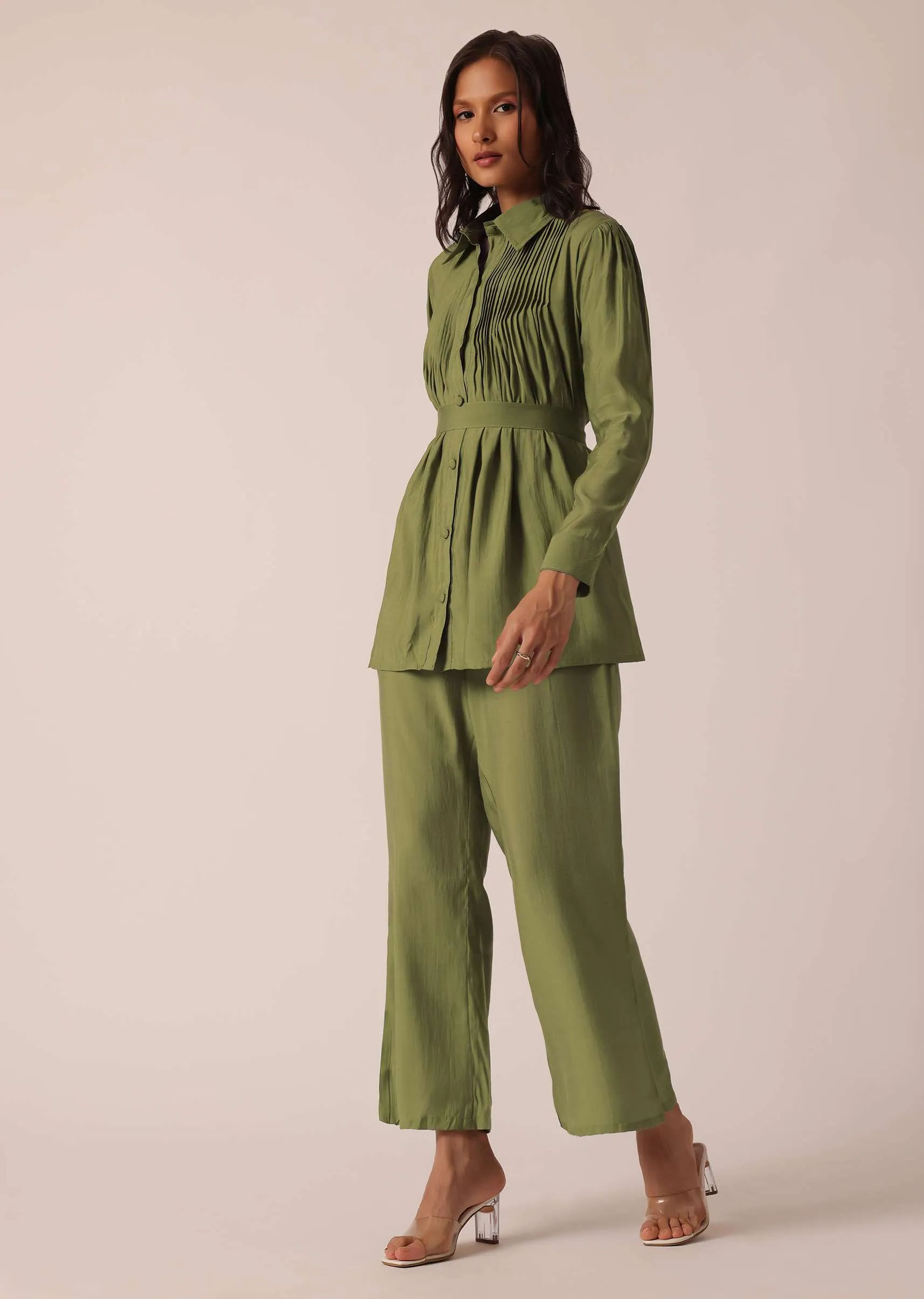 Green Pleated co ord set In Chanderi With Belt