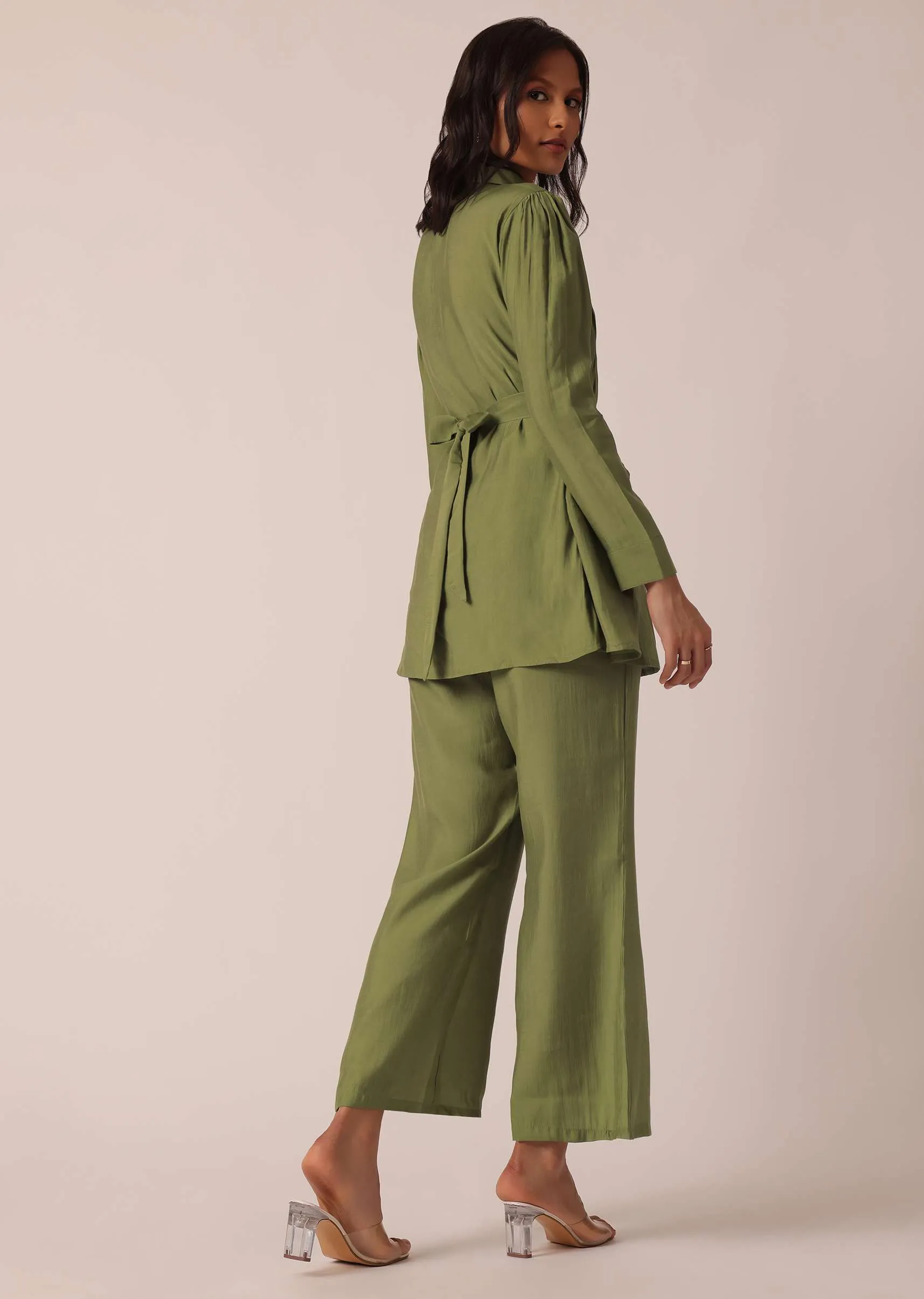 Green Pleated co ord set In Chanderi With Belt