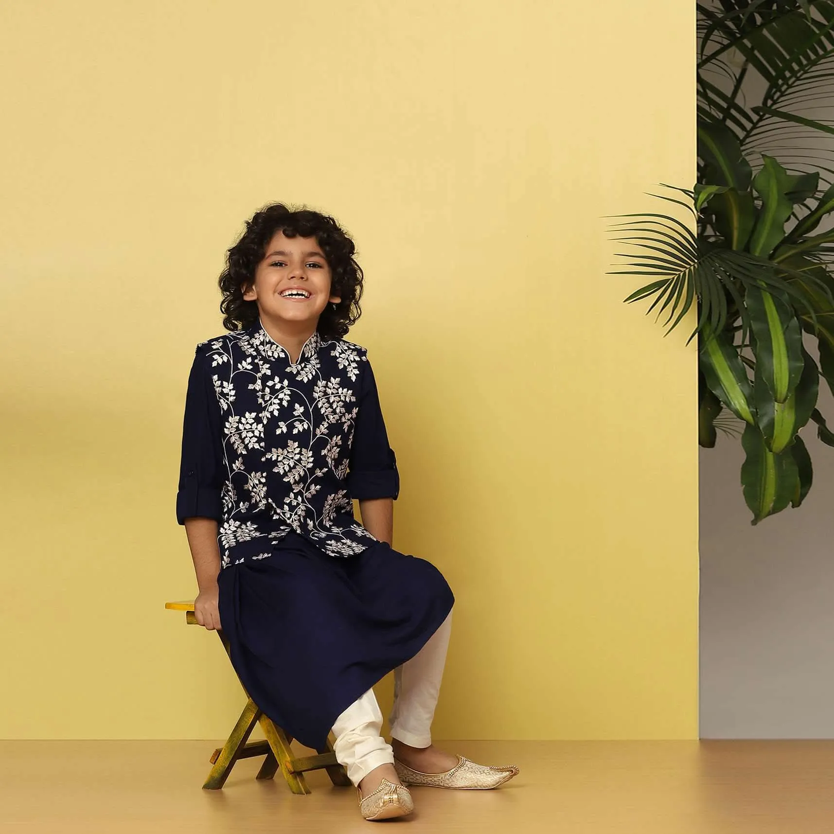 Kalki Blue Bandi Kurta Set In Tussar Silk With Threadwork For Boys