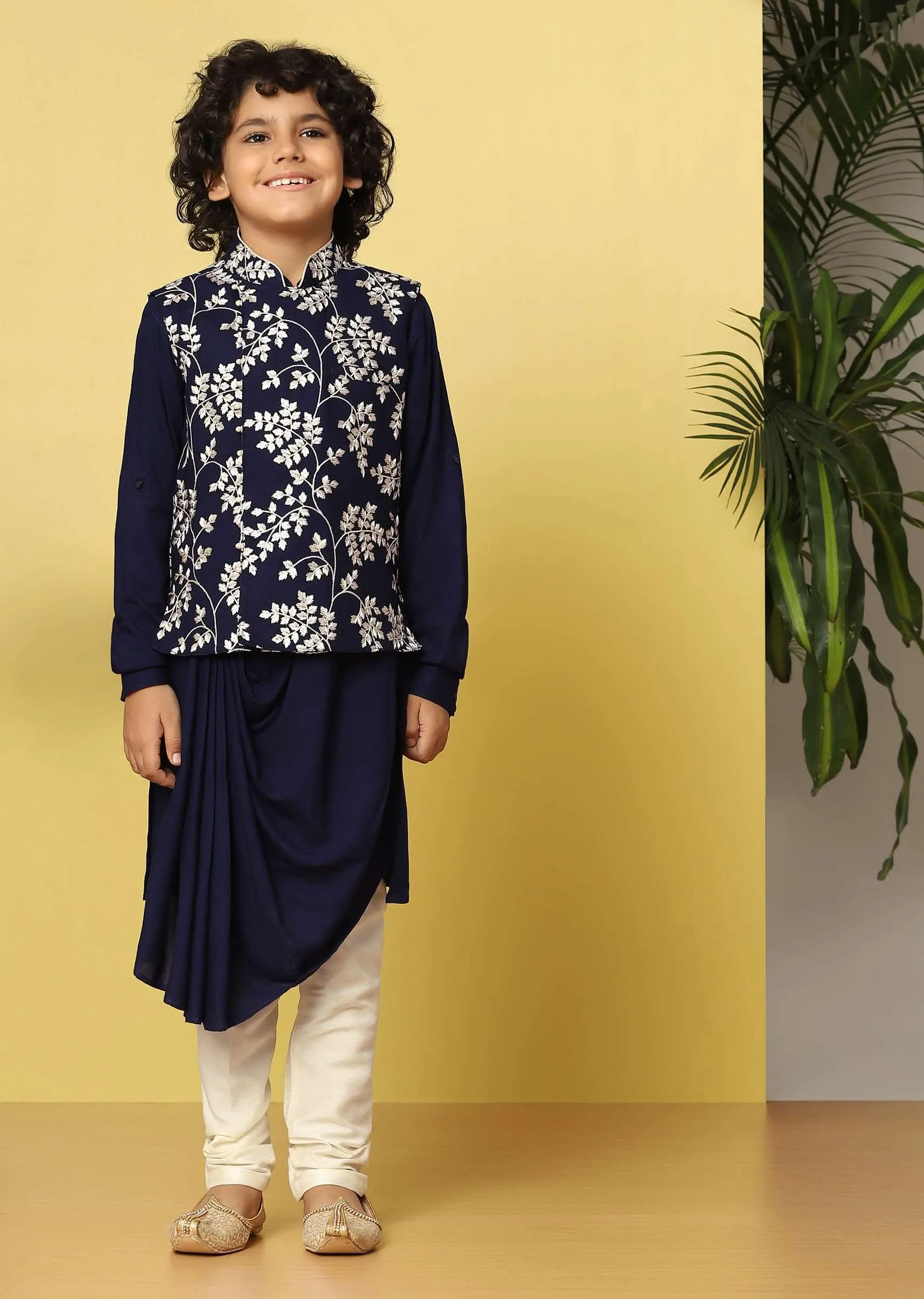 Kalki Blue Bandi Kurta Set In Tussar Silk With Threadwork For Boys