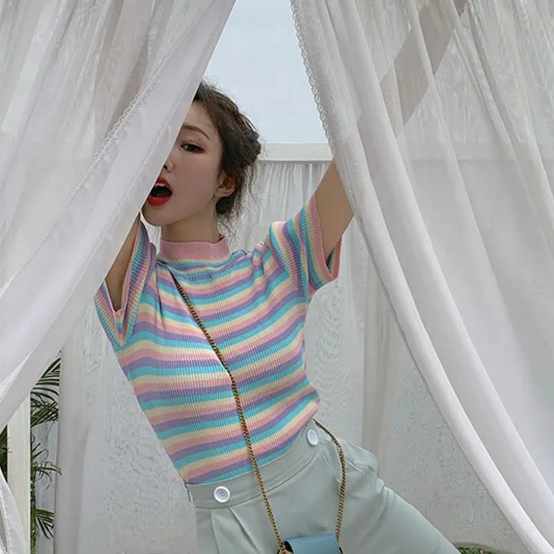 Korean Fashion Sweet Rainbow Striped Short T-shirt