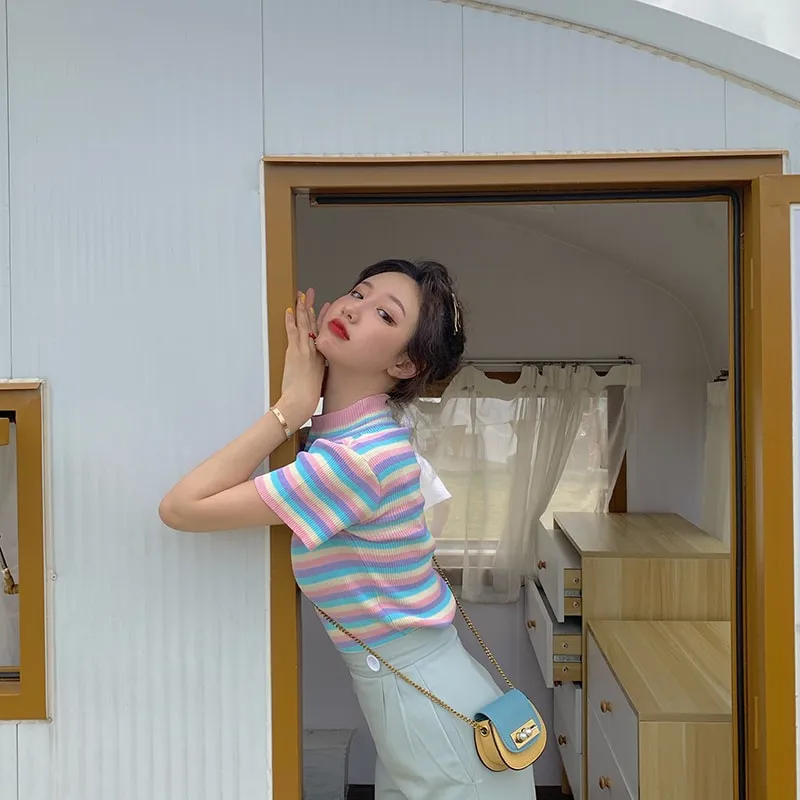 Korean Fashion Sweet Rainbow Striped Short T-shirt