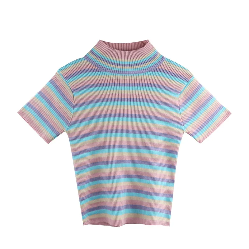 Korean Fashion Sweet Rainbow Striped Short T-shirt