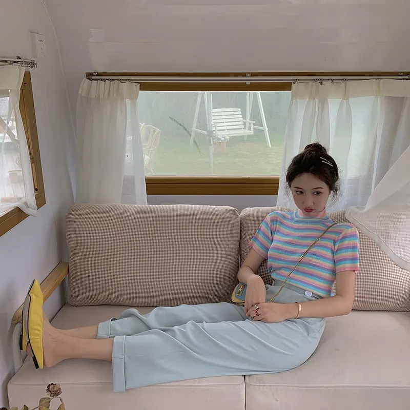 Korean Fashion Sweet Rainbow Striped Short T-shirt