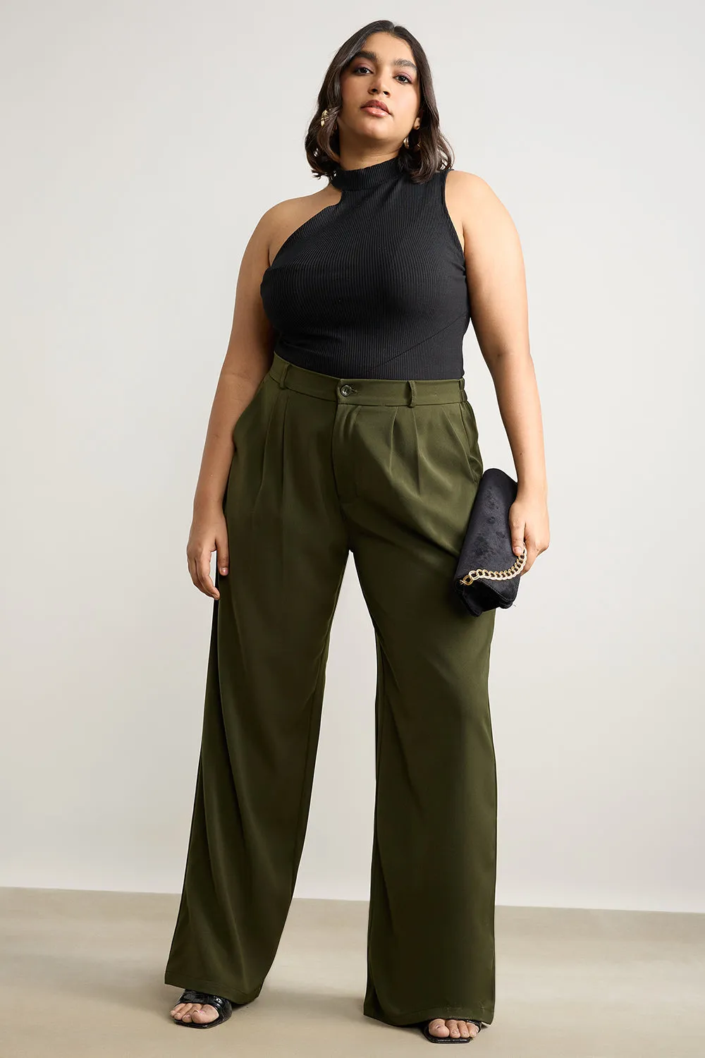 Olive Pleated Straight Fit Curve Korean Pant