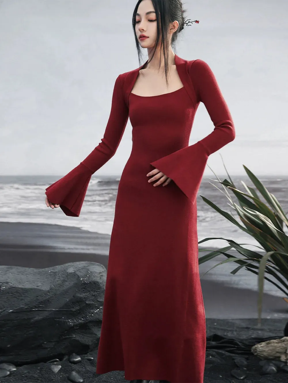 Retro Bell Dress Dark Sleeve Red