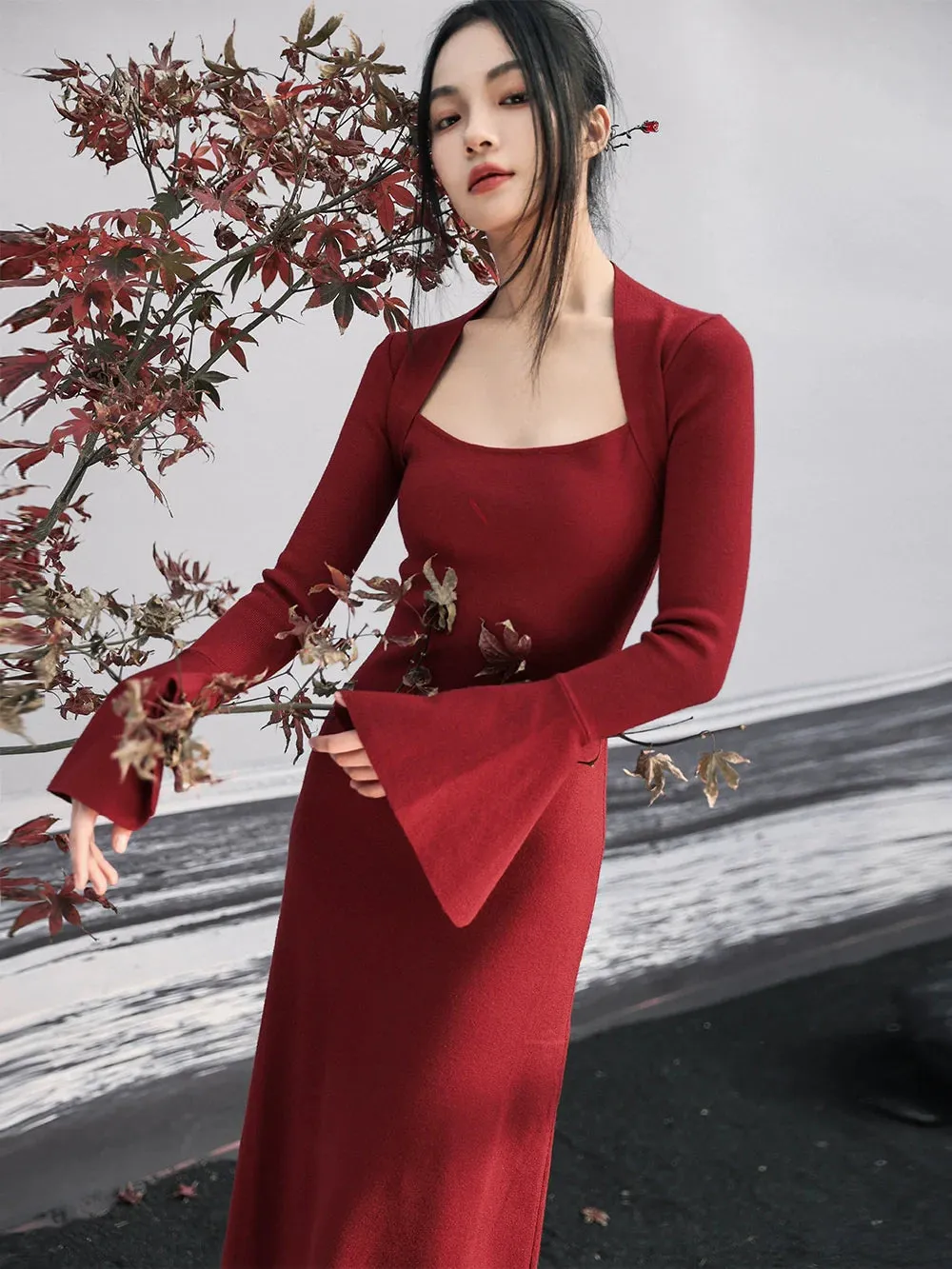 Retro Bell Dress Dark Sleeve Red
