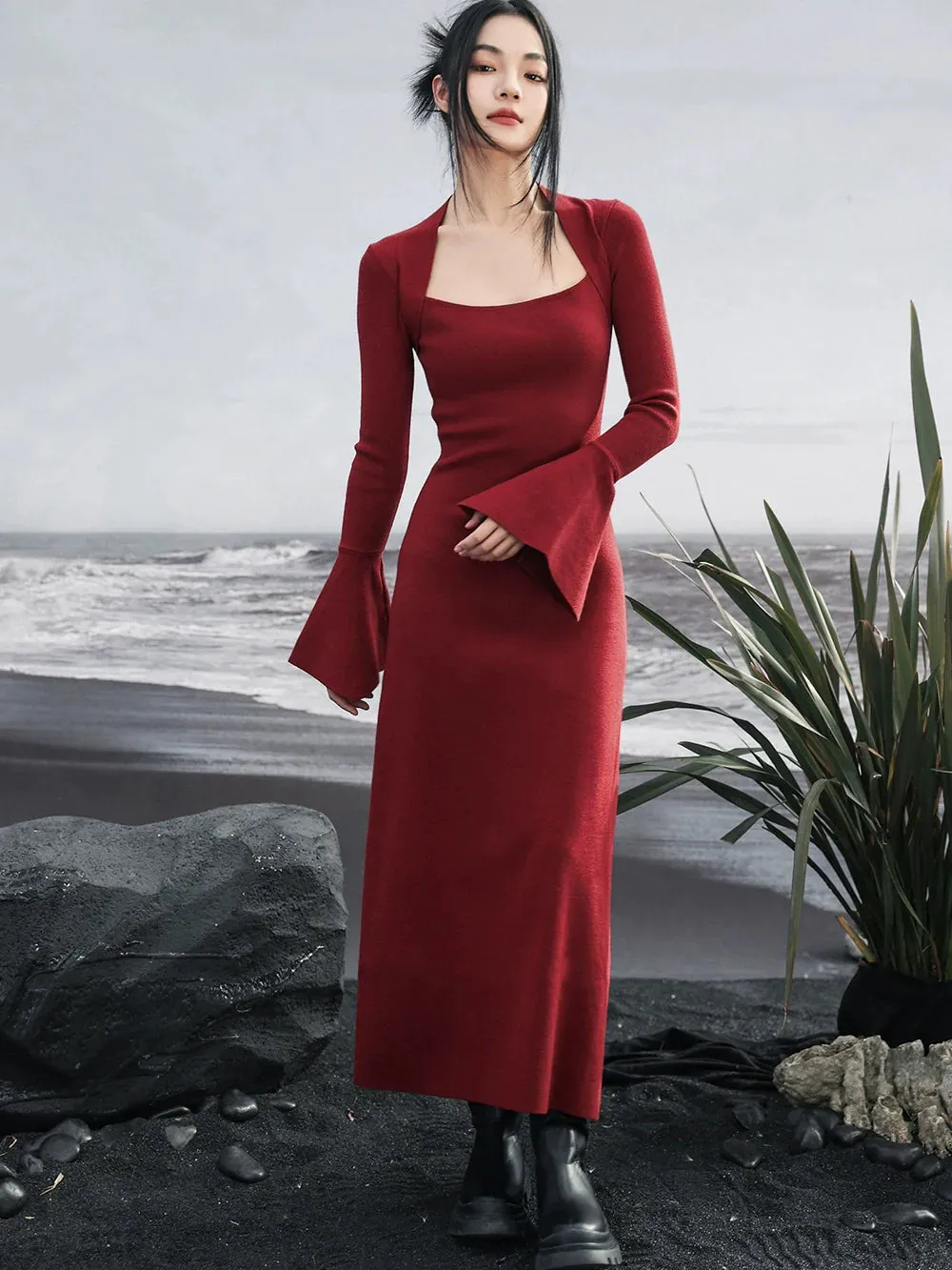 Retro Bell Dress Dark Sleeve Red