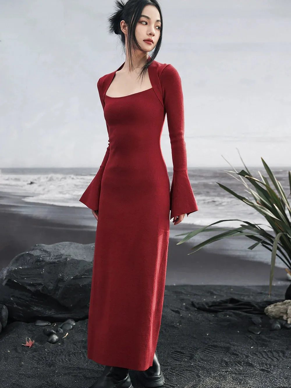 Retro Bell Dress Dark Sleeve Red