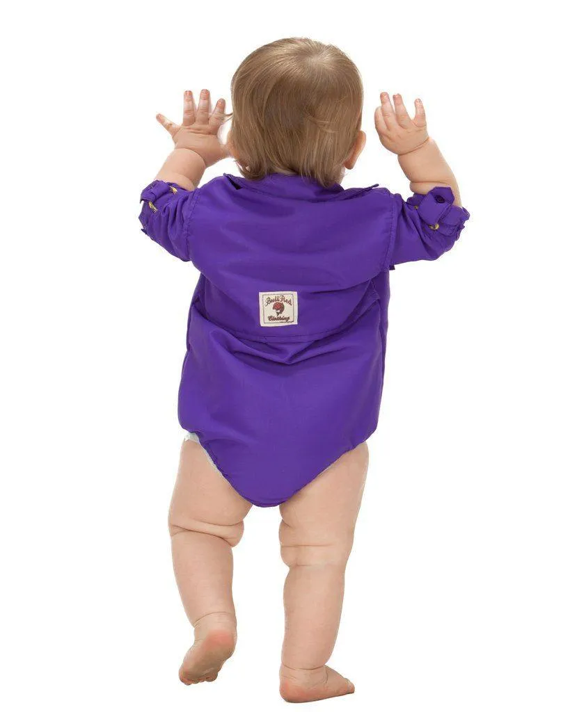 SIZE 12 MONTH PURPLE "BULLRED" INFANT ONE-PIECE FISHING SHIRT WITH SNAP CLOSURE