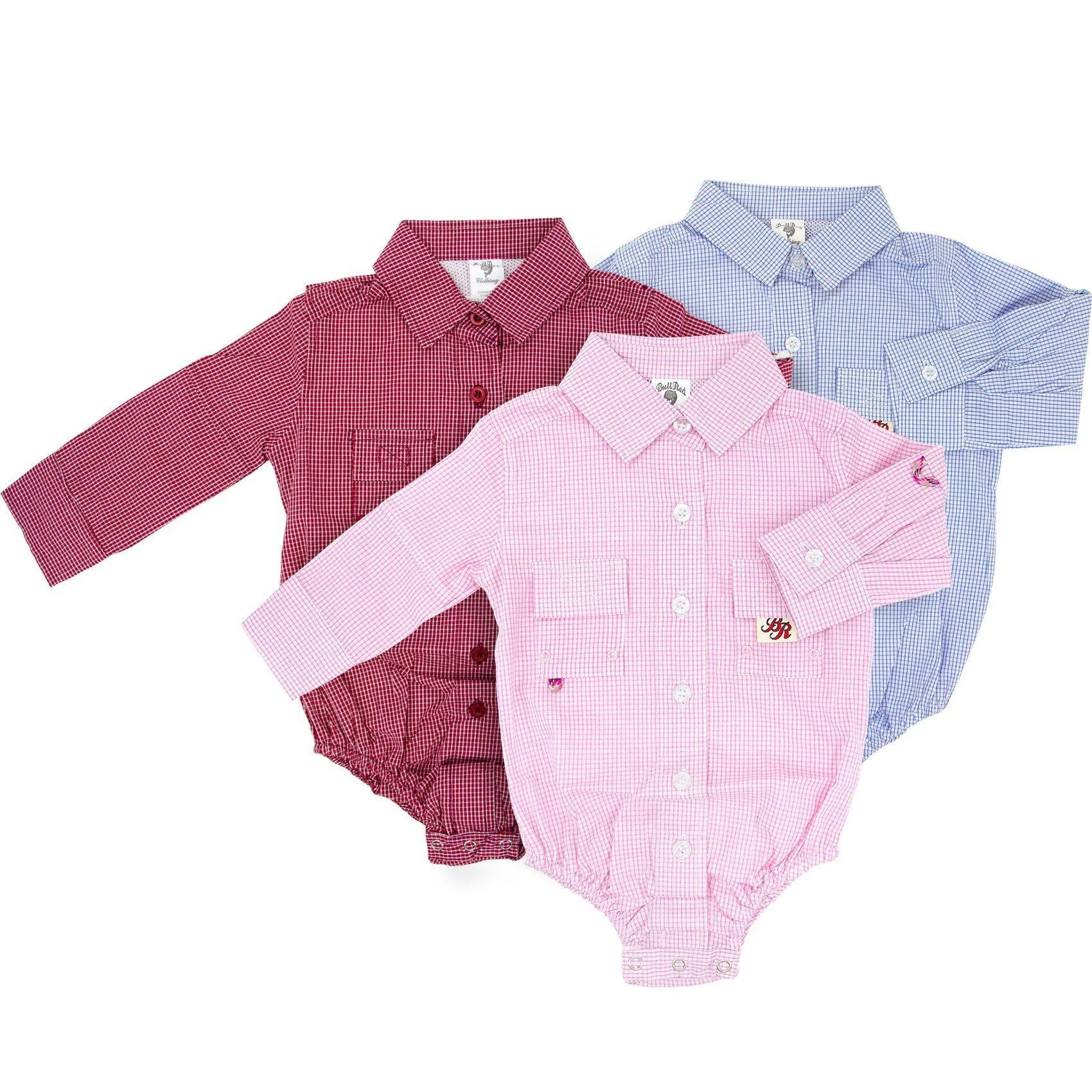 SIZE 3 MONTH BLUE GINGHAM PRINT  "BULLRED" BABY ONE-PIECE FISHING OUTFIT