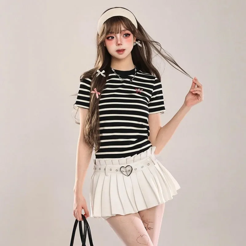 Sweet Girl Style Striped Print Slim Fit T-shirt