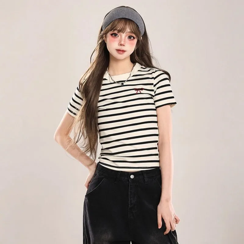 Sweet Girl Style Striped Print Slim Fit T-shirt