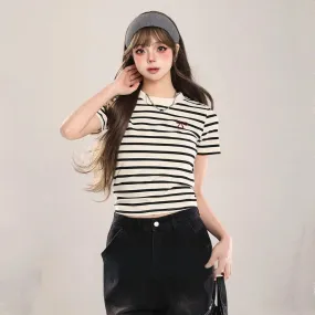 Sweet Girl Style Striped Print Slim Fit T-shirt